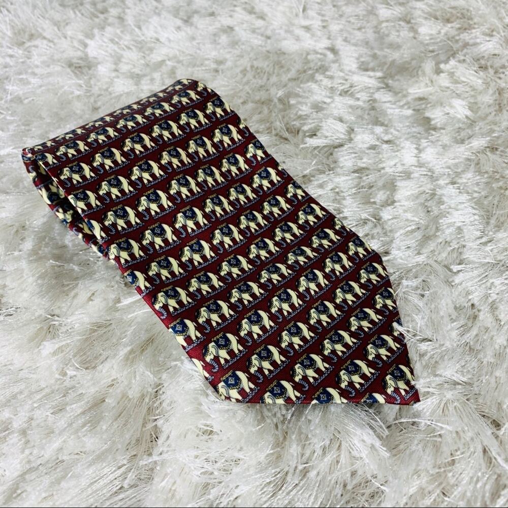 Vintage Rene Chagal Silk Elephant Print Burgundy Necktie Tie